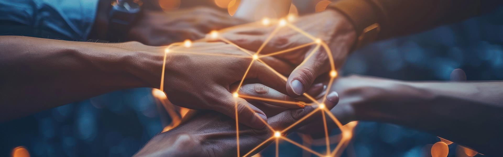 Austrian Data Business Day 2026 Mehrere Hände liegen übereinander mit leuchtenden, vernetzten Datenpunkten darüber