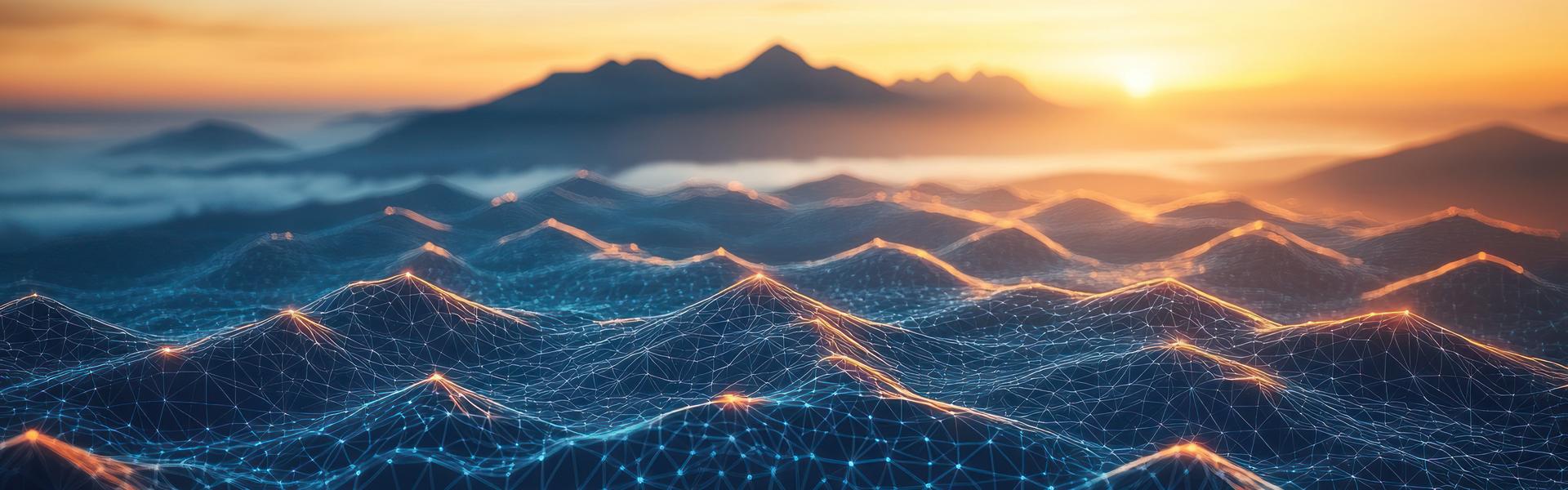 Sujet_Austrian_Data_Business_Day_2025 Digitale Darstellung von Wellen mit einem Netzwerk aus Punkten und Linien, im Hintergrund Berge und ein Sonnenuntergang.