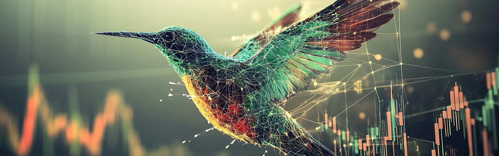 Sujet_BI & Analytics Tagung 2025 Ein schwebender Kolibri, dargestellt in einem geometrischen, drahtgitterartigen Stil, vor einem Hintergrund mit Finanzdiagrammen und Kursverläufen.