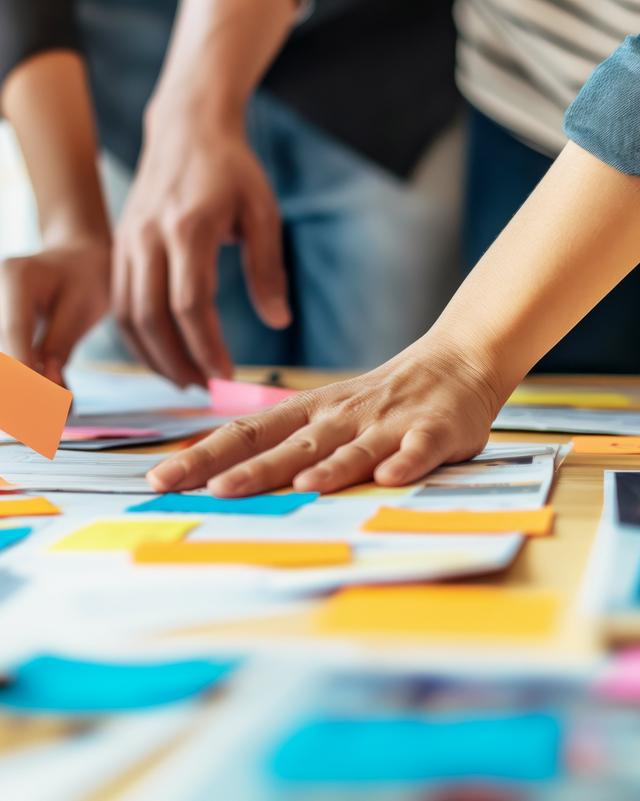 Mehrere Personen arbeiten gemeinsam an einem Tisch mit vielen bunten Notizzetteln und Papieren.
