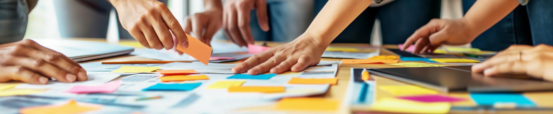 Mehrere Personen arbeiten gemeinsam an einem Tisch mit vielen bunten Notizzetteln und Papieren.