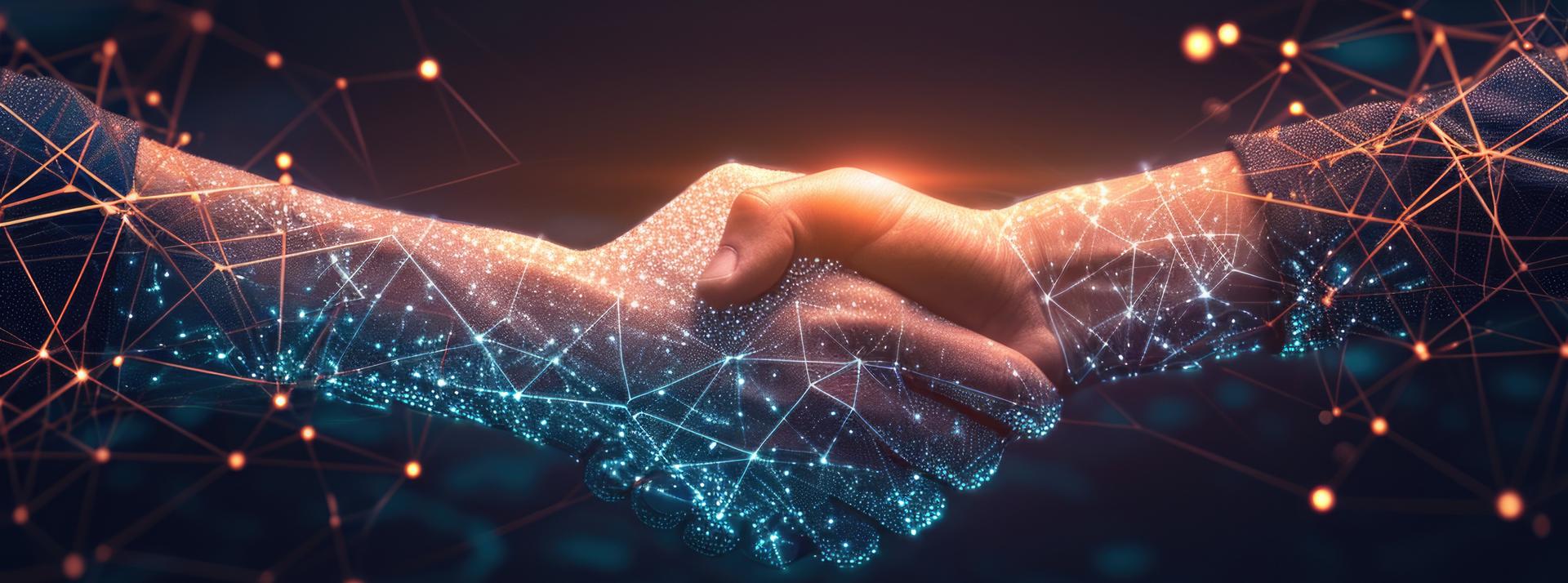 Zwei sich digital aus Punkten und Linien zusammensetzende Hände, die sich zum Händedruck treffen