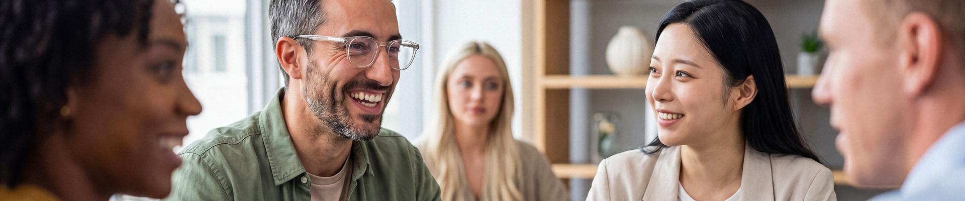 Gruppe von vier Personen sitzt an einem Tisch und unterhält sich, zwei Männer und zwei Frauen, eine Frau hat einen Laptop vor sich Gruppe von vier Personen sitzt an einem Tisch und unterhält sich, zwei Männer und zwei Frauen, eine Frau hat einen Laptop vor sich