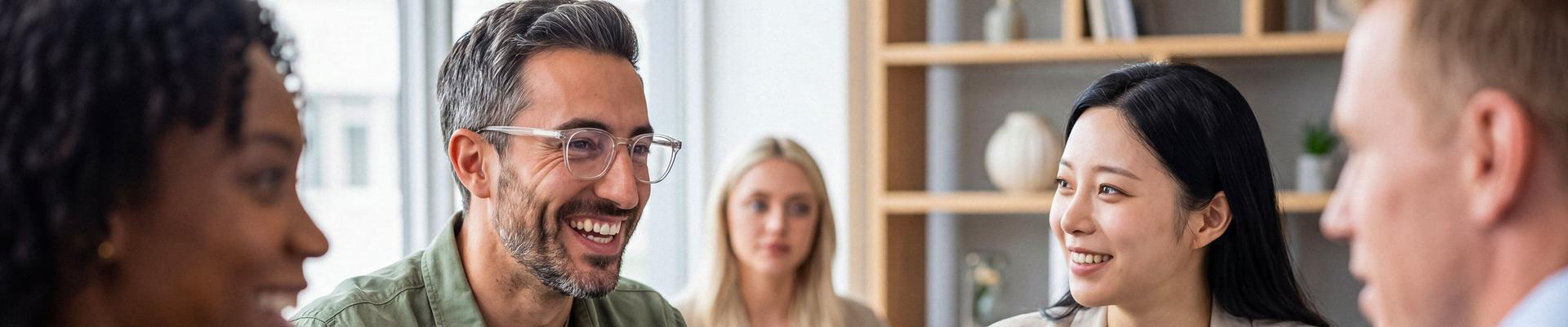 Gruppe von vier Personen sitzt an einem Tisch und unterhält sich, zwei Männer und zwei Frauen, eine Frau hat einen Laptop vor sich Gruppe von vier Personen sitzt an einem Tisch und unterhält sich, zwei Männer und zwei Frauen, eine Frau hat einen Laptop vor sich
