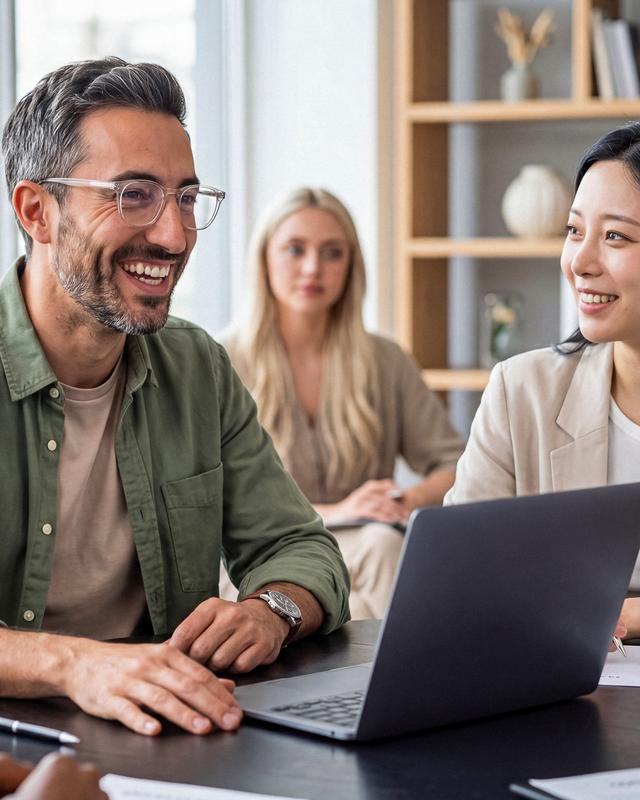 Gruppe von vier Personen sitzt an einem Tisch und unterhält sich, zwei Männer und zwei Frauen, eine Frau hat einen Laptop vor sich Gruppe von vier Personen sitzt an einem Tisch und unterhält sich, zwei Männer und zwei Frauen, eine Frau hat einen Laptop vor sich