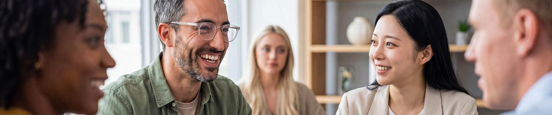 Gruppe von vier Personen sitzt an einem Tisch und unterhält sich, zwei Männer und zwei Frauen, eine Frau hat einen Laptop vor sich Gruppe von vier Personen sitzt an einem Tisch und unterhält sich, zwei Männer und zwei Frauen, eine Frau hat einen Laptop vor sich