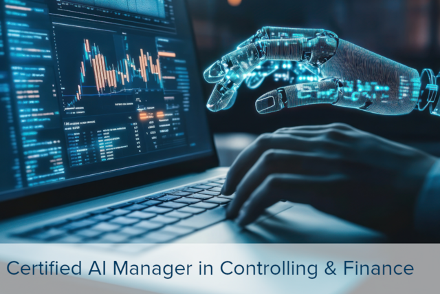 Bildungsförderung Certified AI Manager in Controlling & Finance Menschliche Hand tippt auf Laptop-Tastatur, daneben schwebende digitale Roboterhand, auf Bildschirm Finanzdiagramme und Daten.