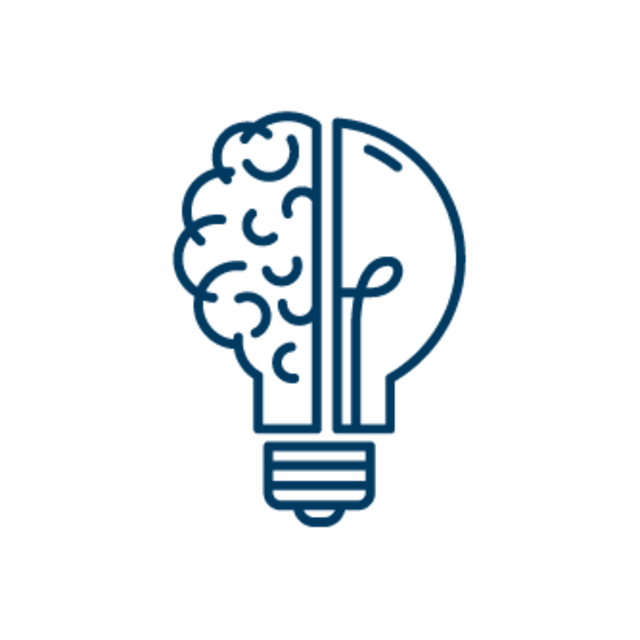 Key_ideas Symbol einer Glühbirne, die zur Hälfte wie ein Gehirn geformt ist