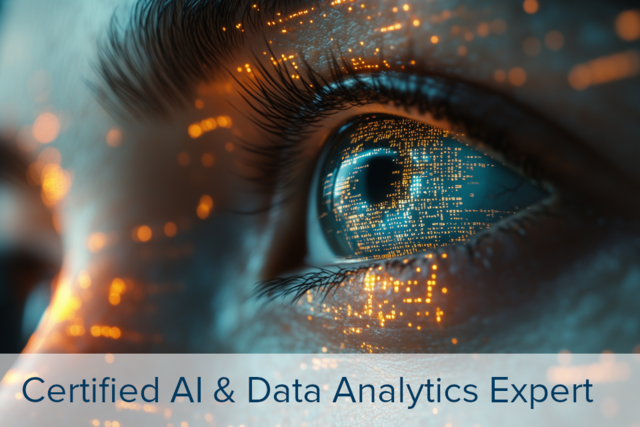 Bildungsförderung_Certified AI & Data Analytics Expert Nahaufnahme eines menschlichen Auges mit digitaler Matrix aus leuchtenden Punkten und Linien auf der Haut und in der Iris