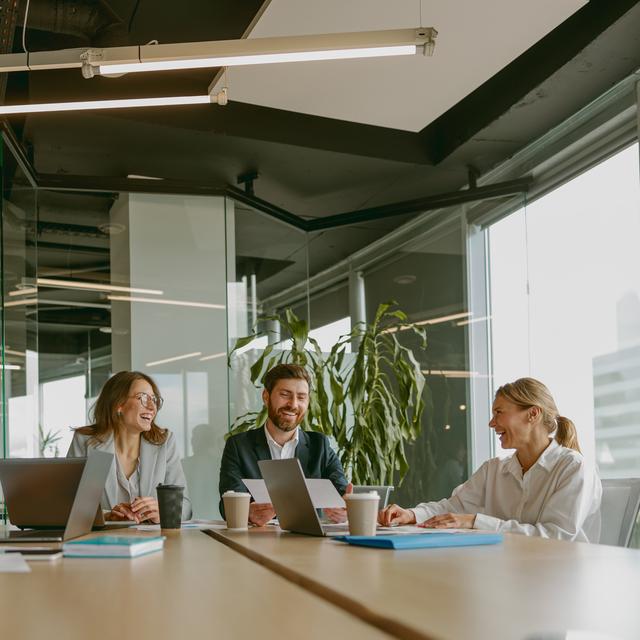 Vier Personen sitzen an einem Konferenztisch in einem modernen Büro mit großen Fenstern und diskutieren