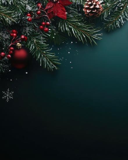 Tannenzweige mit roten Kugeln, Zapfen und roten Beeren an der oberen Bildkante vor dunklem Hintergrund.