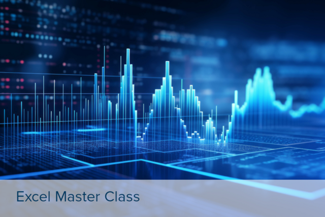 Bildungsförderung Excel Master Class 3D-Diagramm mit blauen Balken und Linien, das Daten- oder Finanzanalysen visualisiert