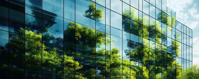 Fassade eines modernen Glasgebäudes mit Spiegelungen von Bäumen