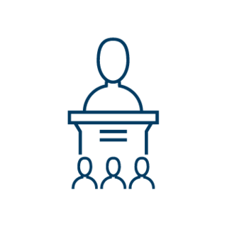 Symbol einer Person, die hinter einem Rednerpult steht und vor einem Publikum spricht