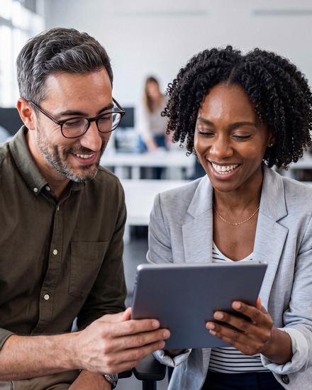 Zwei Personen sitzen nebeneinander und schauen gemeinsam auf ein Tablet