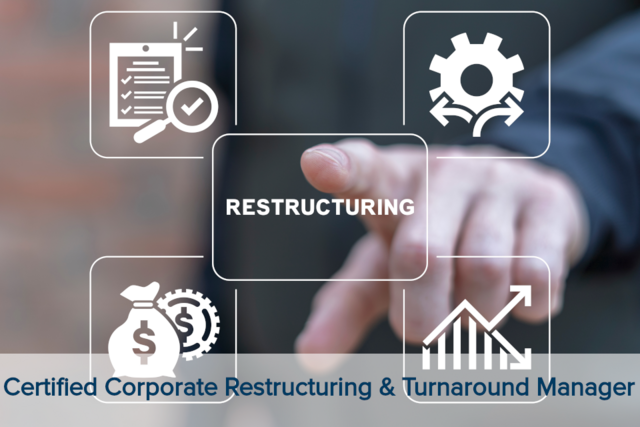 Bildungsfoerderung_Certified Corporate Restructuring & Turnaround Manager Hand zeigt auf das Wort 'RESTRUCTURING', umgeben von Symbolen für Dokumentprüfung, Zahnräder, Geldsack mit Münze und aufsteigendem Balkendiagramm.