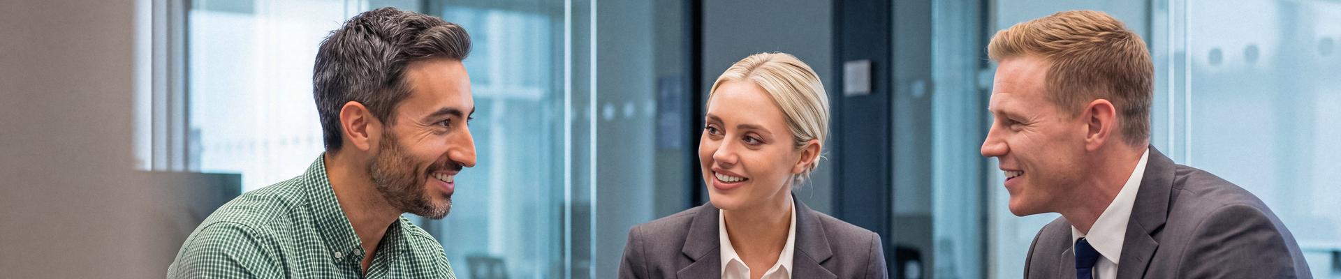 Drei Personen sitzen in einem modernen Büro, zwei Männer und eine Frau, die Frau hält ein Blatt Papier und alle blicken darauf