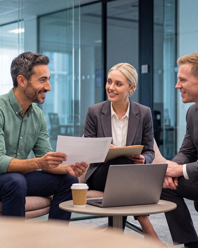 Drei Personen sitzen in einem modernen Büro, zwei Männer und eine Frau, die Frau hält ein Blatt Papier und alle blicken darauf